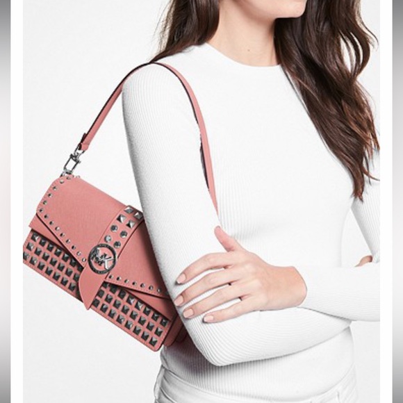 Michael Kors Greenwich Medium Studded Saffiano Leather Shoulder Bag Rose - Picture 4 of 16